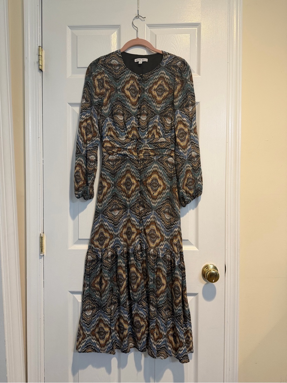 Long-Sleeve Printed Midi Dress in Blue & Brown by Banana Republic